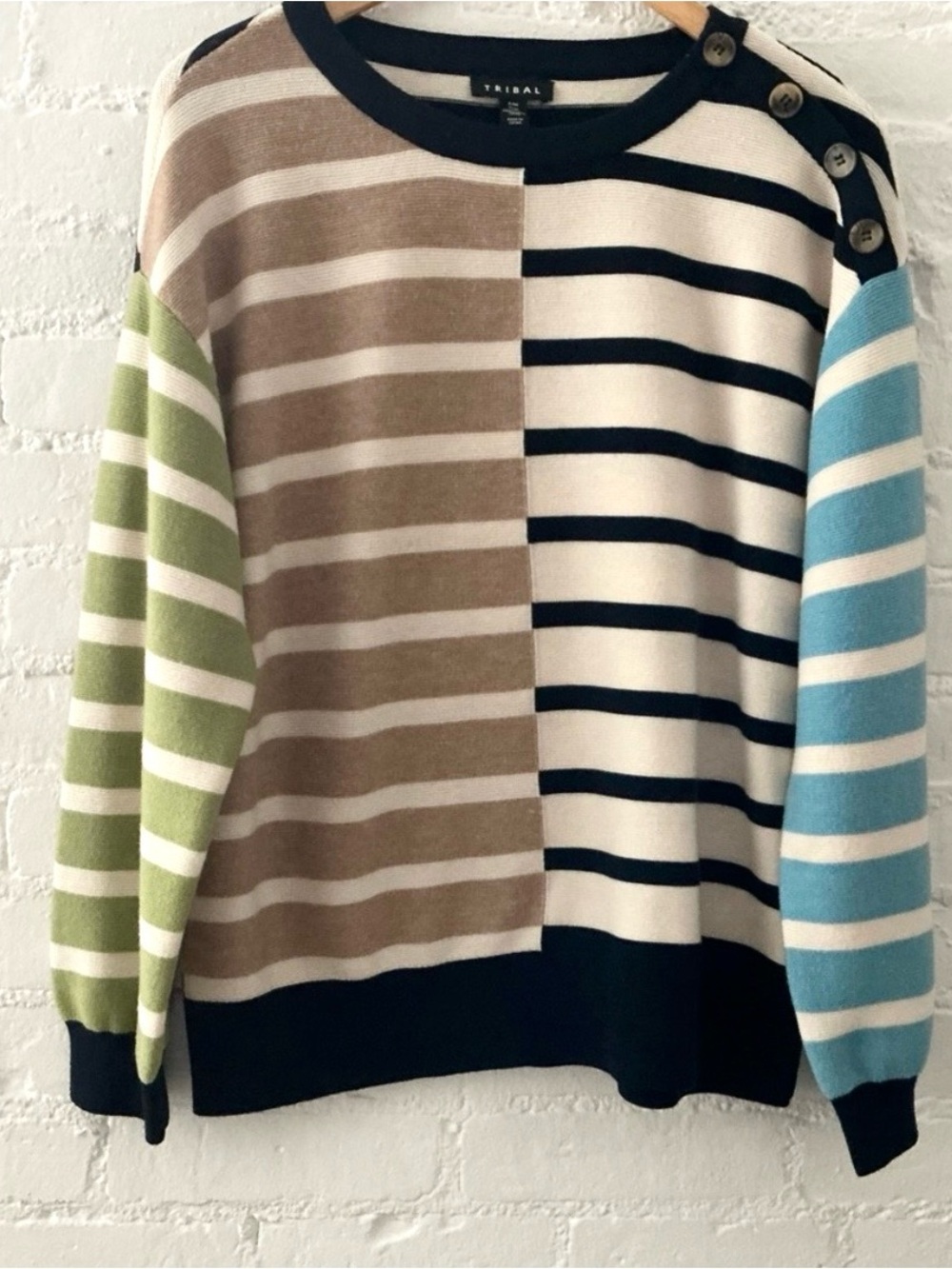 Tribal Sweater Striped Colorblock Print Long Sleeves Preppy Modern Chic Size MP